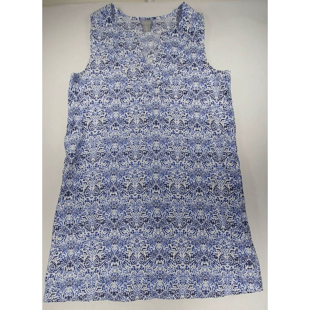 Kenar 100% Linen Sleeveless Shift Dress Pockets Navy & White Chinoiserie Large